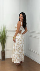 Vestido estampado Roberta con abertura color piel