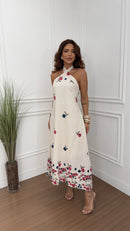 Vestido de Lino Bordado Halter Grazy