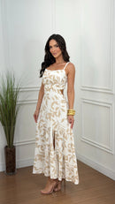 Vestido estampado Roberta con abertura color piel